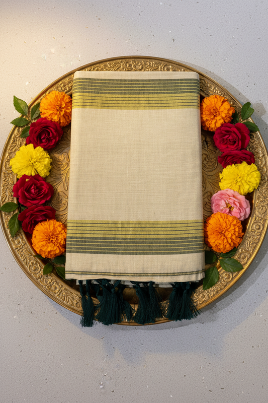 Set Saree Saree With Green Golden Stripes