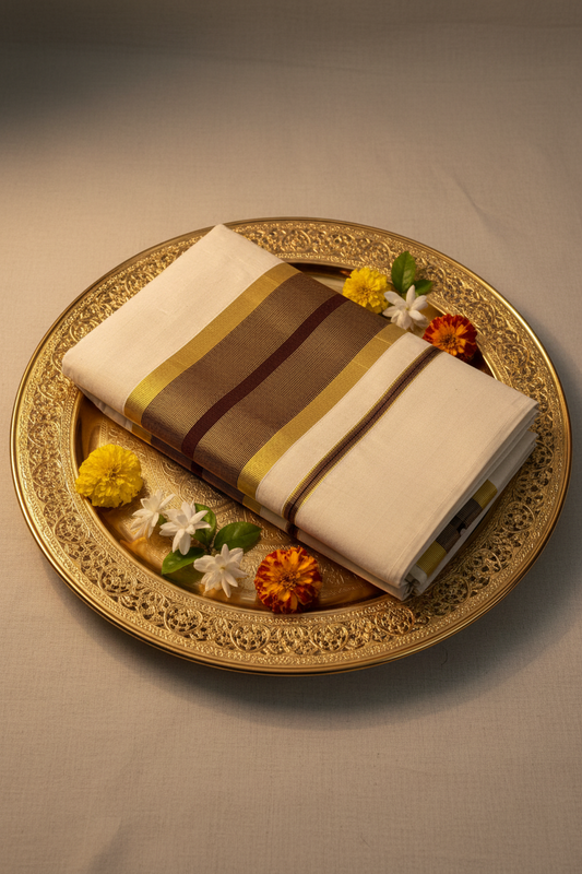 Kerala Saree With Brown And Golden Border