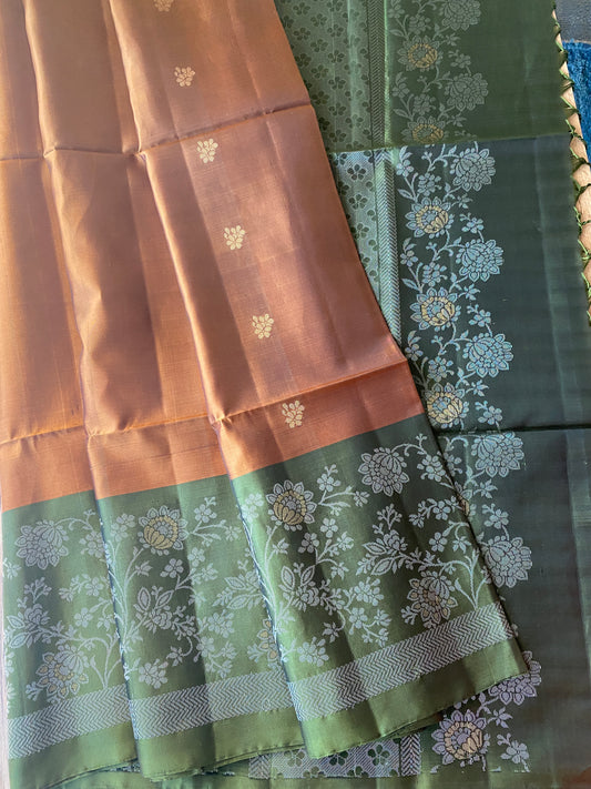 Pure Kanchipuram Soft Silk Saree in Chocolate Brown and Green | Silk Mark Certified
