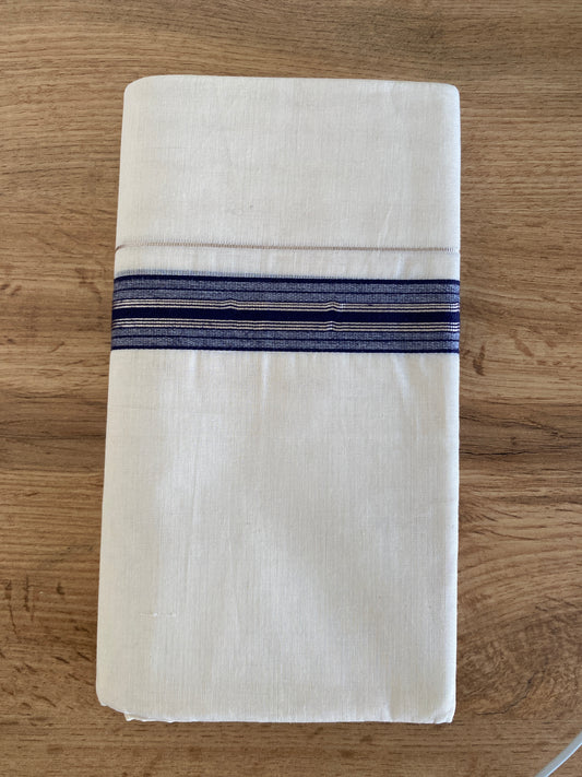 Handloom Kerala Cotton Mundu for Gents with Silver and Blue Zari Border