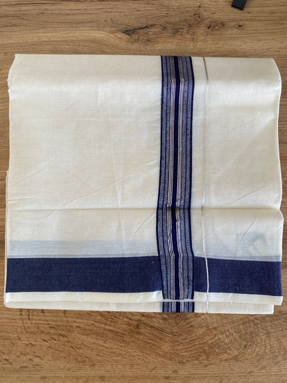 Handloom Kerala Cotton Mundu for Gents with Silver and Blue Zari Border