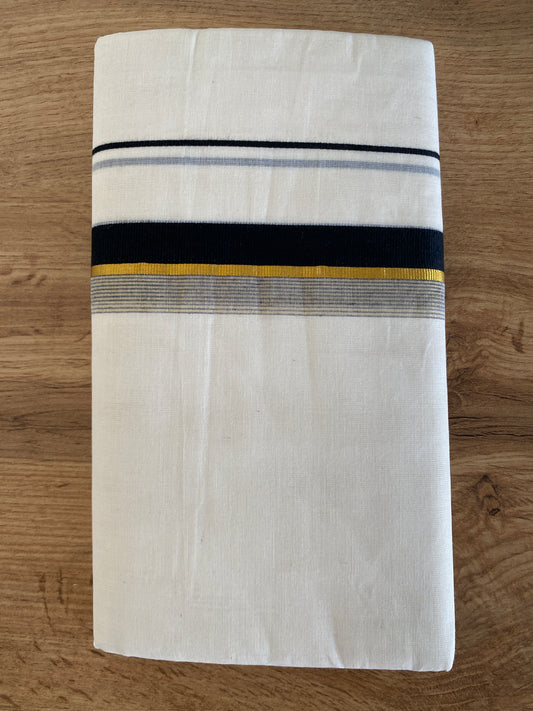 Handloom Kerala Cotton Mundu for Gents with Black and Gold Zari Border