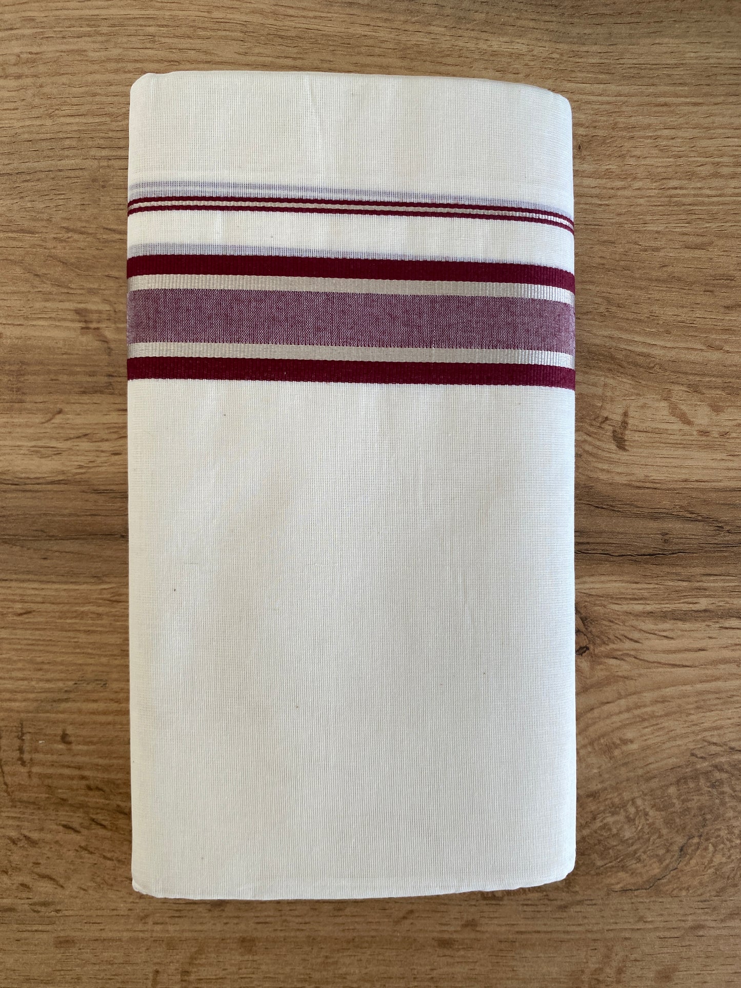 Handloom Kerala Cotton Mundu for Gents with Maroon and Silver Zari Border