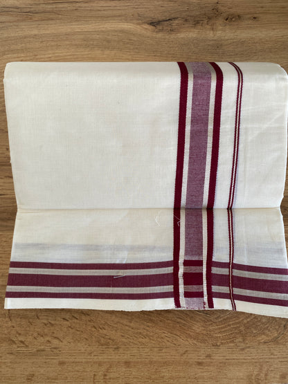 Handloom Kerala Cotton Mundu for Gents with Maroon and Silver Zari Border