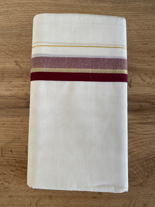 Handloom Kerala Cotton Mundu for Gents with Maroon and Gold Zari Border