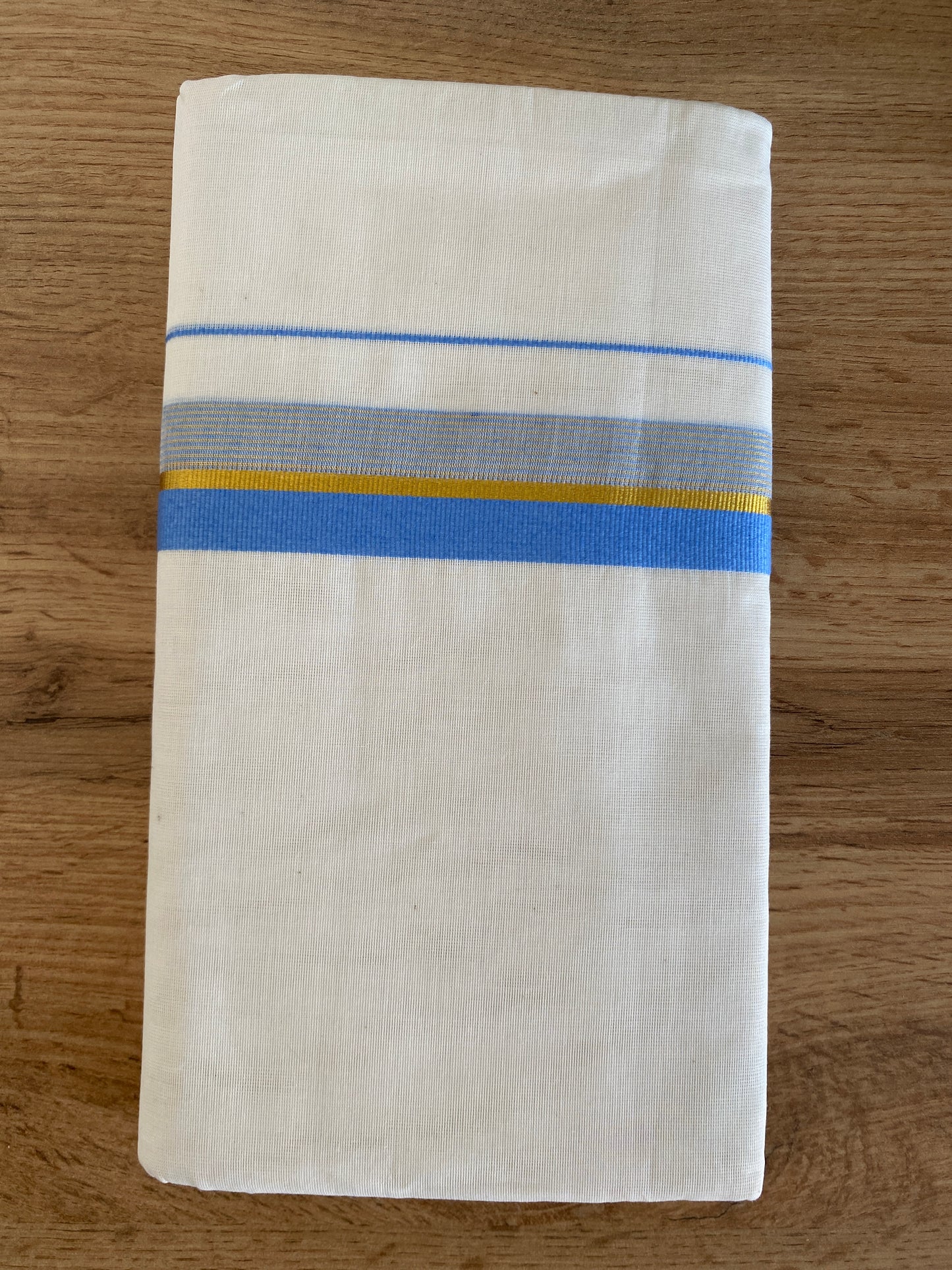 Handloom Kerala Cotton Mundu for Gents with Blue and Gold Zari Border