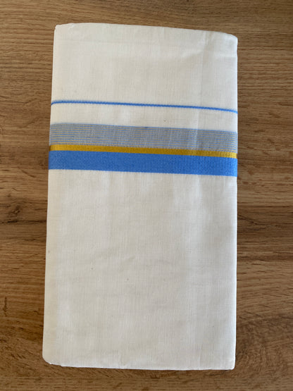 Handloom Kerala Cotton Mundu for Gents with Blue and Gold Zari Border