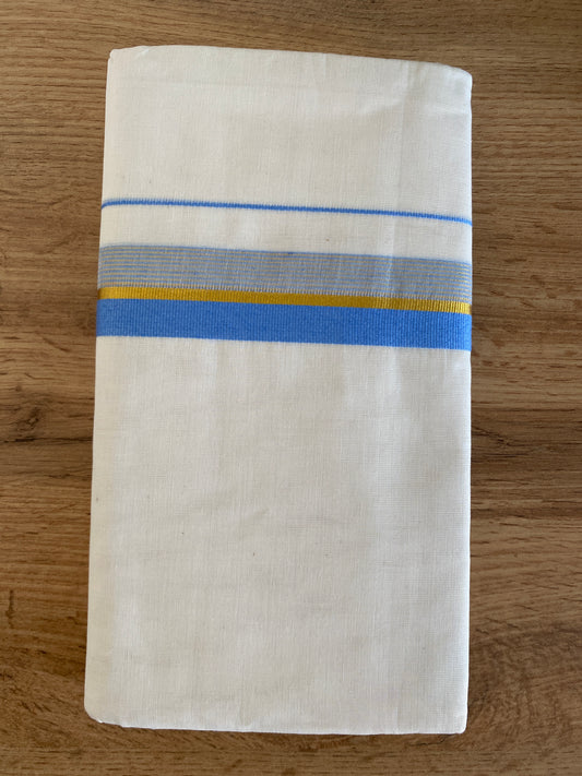 Handloom Kerala Cotton Mundu for Gents with Blue and Gold Zari Border