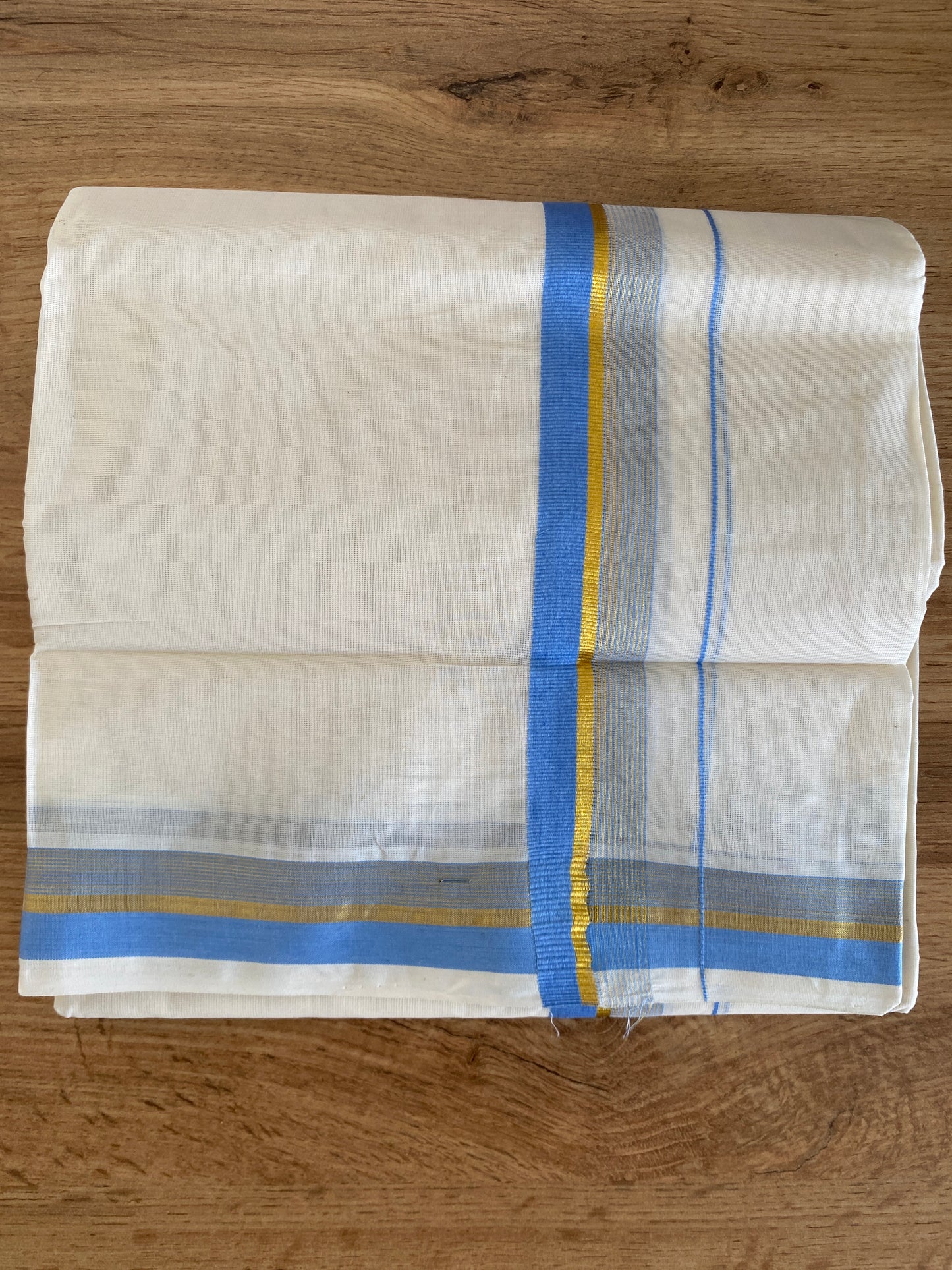 Handloom Kerala Cotton Mundu for Gents with Blue and Gold Zari Border