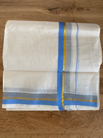 Handloom Kerala Cotton Mundu for Gents with Blue and Gold Zari Border