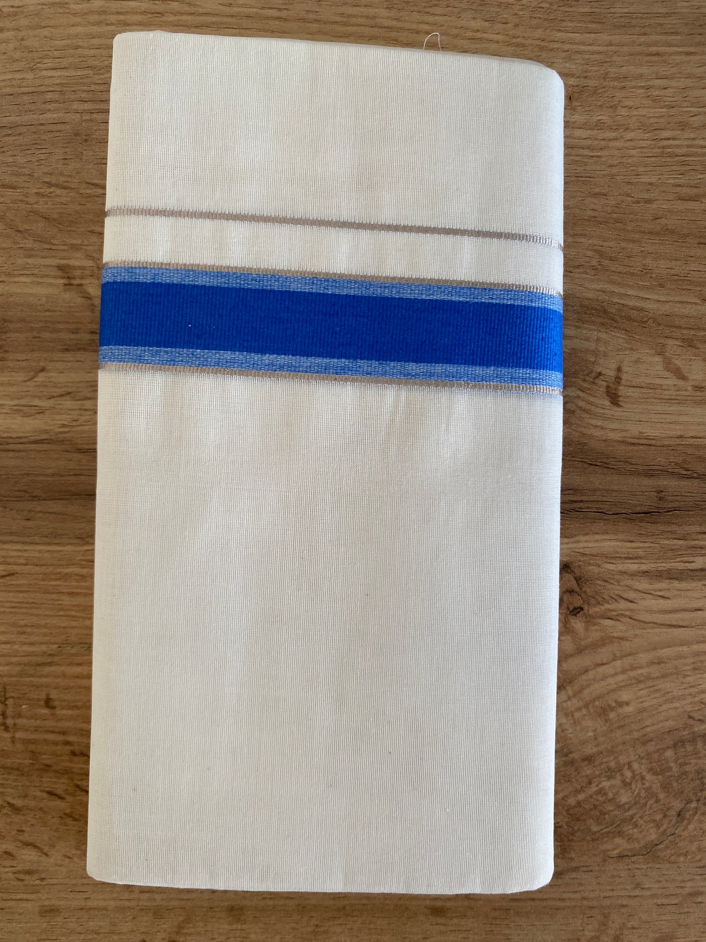 Handloom Kerala Cotton Mundu for Gents with Blue and Silver Zari Border