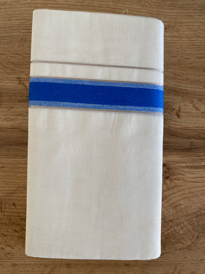 Handloom Kerala Cotton Mundu for Gents with Blue and Silver Zari Border