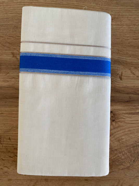 Handloom Kerala Cotton Mundu for Gents with Blue and Silver Zari Border