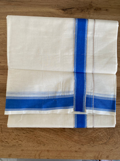 Handloom Kerala Cotton Mundu for Gents with Blue and Silver Zari Border