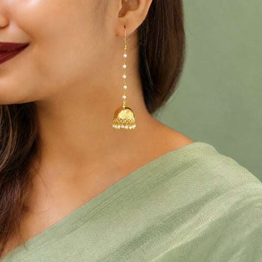Gold Polish Long Pearl Drop Jhumka Earrings