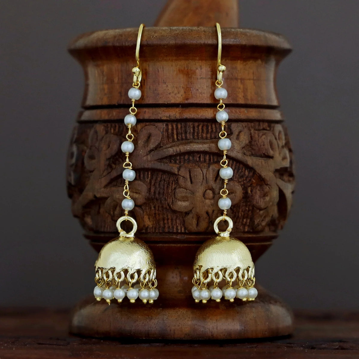 Gold Polish Long Pearl Drop Jhumka Earrings