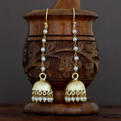 Gold Polish Long Pearl Drop Jhumka Earrings