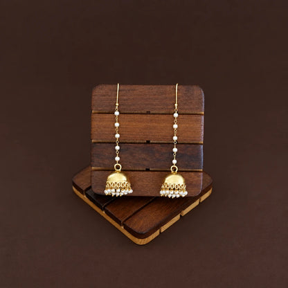 Gold Polish Long Pearl Drop Jhumka Earrings