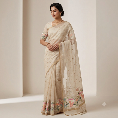 Fancy Kota Saree in Off White with Rich Thread Work and Antique Zari