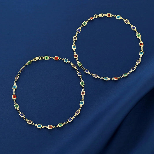 Gold-Toned Multicolour Square Link Anklet Pair