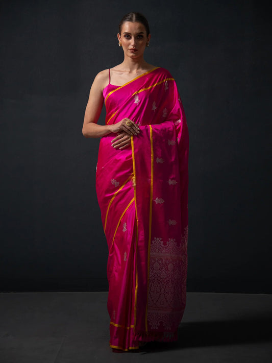 Hot Pink Boota Satin Silk Handloom Banarasi Saree