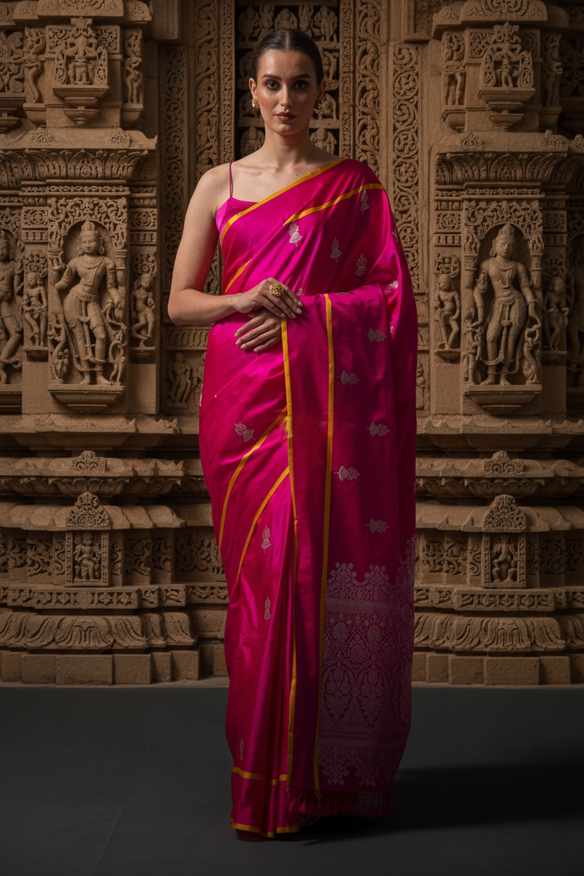 Hot pink handwoven pure Banarasi silk saree Australia with boota design and rich pallu