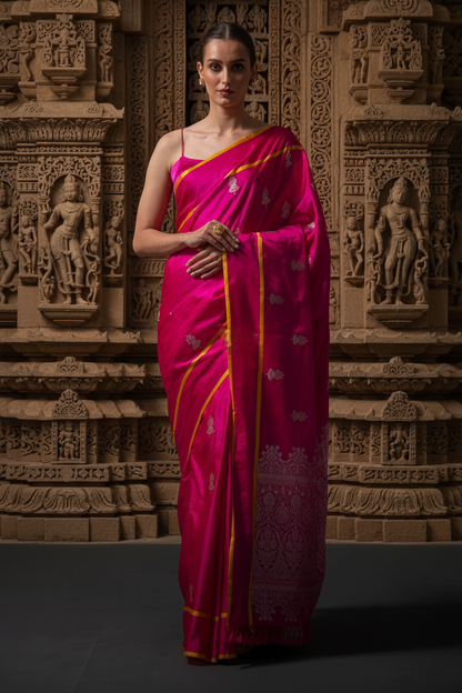Hot pink handwoven pure Banarasi silk saree Australia with boota design and rich pallu