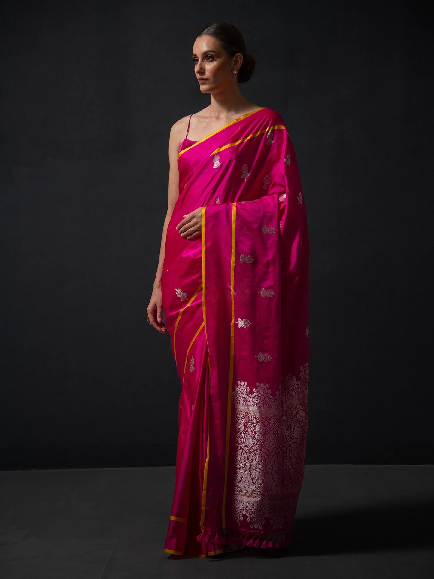 Hot Pink Boota Satin Silk Handloom Banarasi Saree