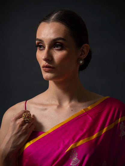 Hot Pink Boota Satin Silk Handloom Banarasi Saree