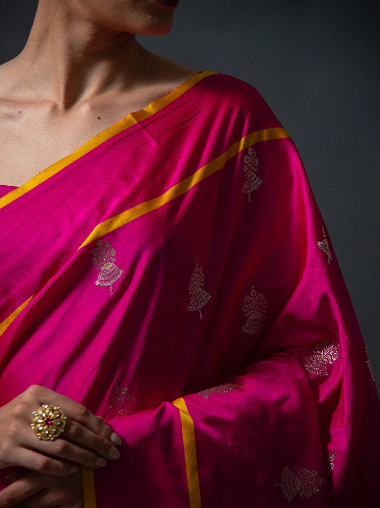 Hot Pink Boota Satin Silk Handloom Banarasi Saree