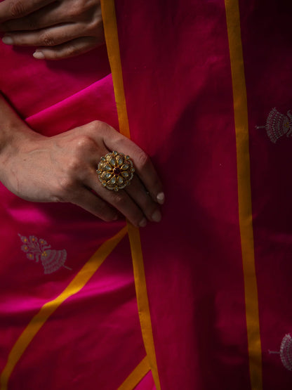 Hot Pink Boota Satin Silk Handloom Banarasi Saree