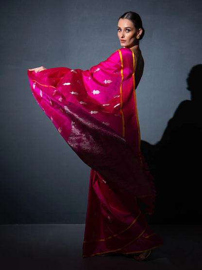 Hot Pink Boota Satin Silk Handloom Banarasi Saree