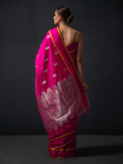 Hot Pink Boota Satin Silk Handloom Banarasi Saree