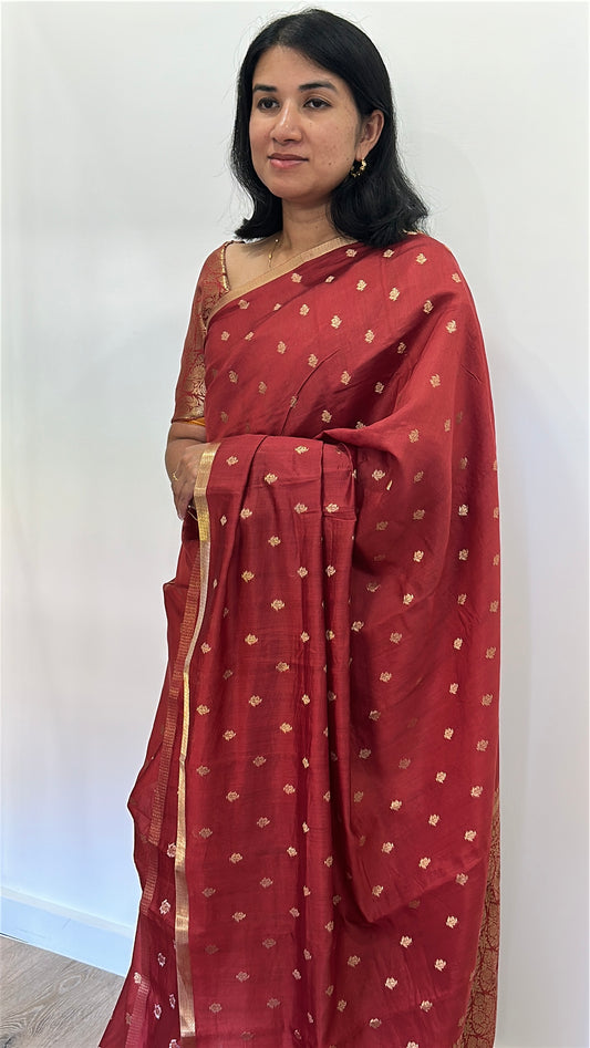 Maroon Chiniya Silk Saree with Buttas & Brocade Blouse | Budget-Friendly Saree Australia