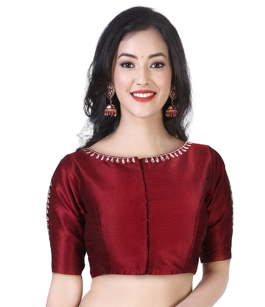 Polyester Blouse with Zari Embroidery - Maroon