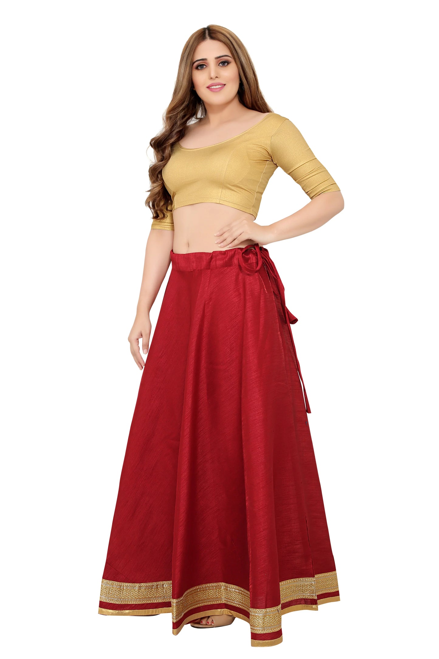Maroon Raw Silk Lehenga Skirt - Free Size
