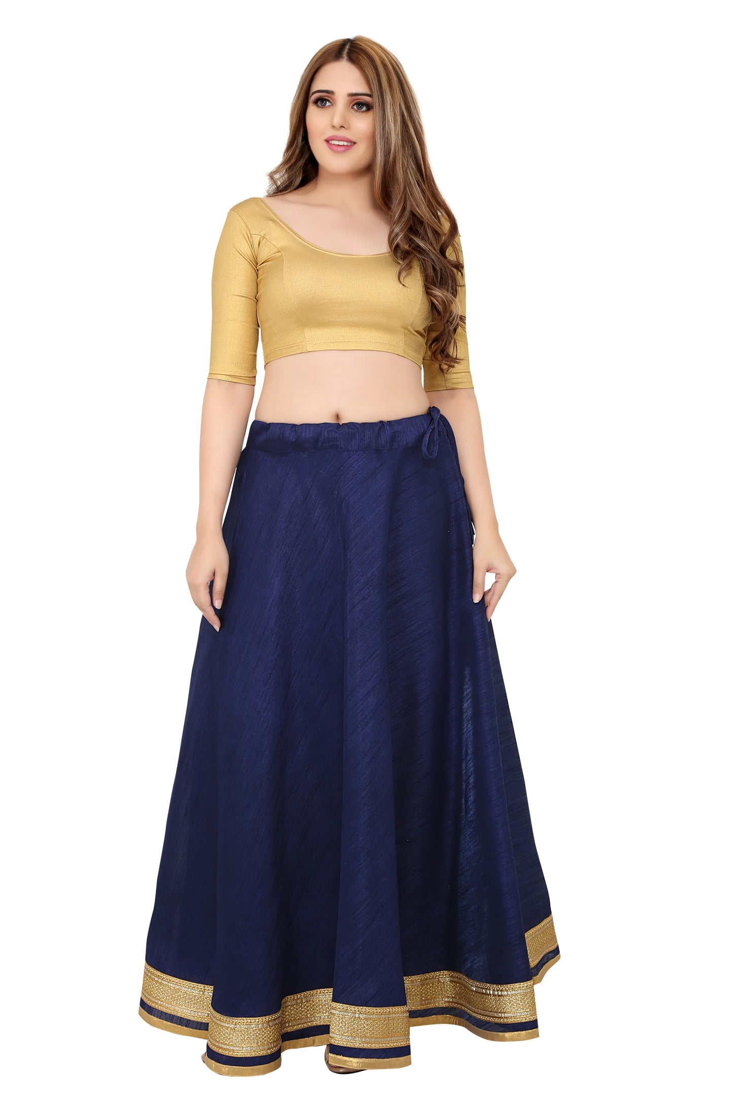 Navy Blue Raw Silk Lehenga Skirt - Free Size