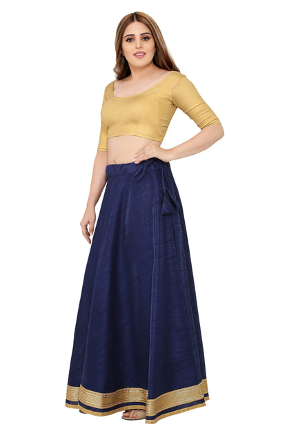 Navy Blue Raw Silk Lehenga Skirt - Free Size