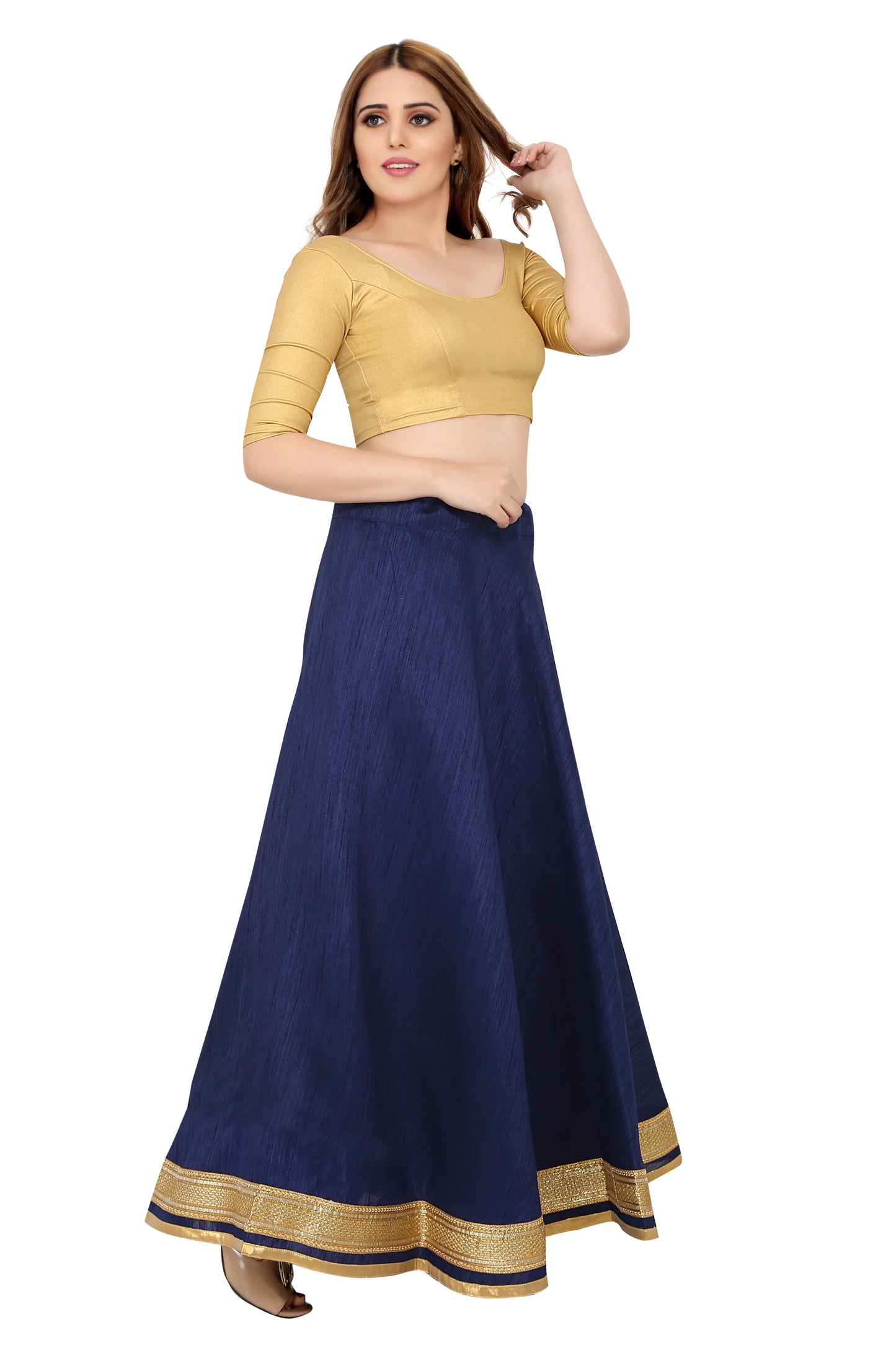 Navy Blue Raw Silk Lehenga Skirt - Free Size