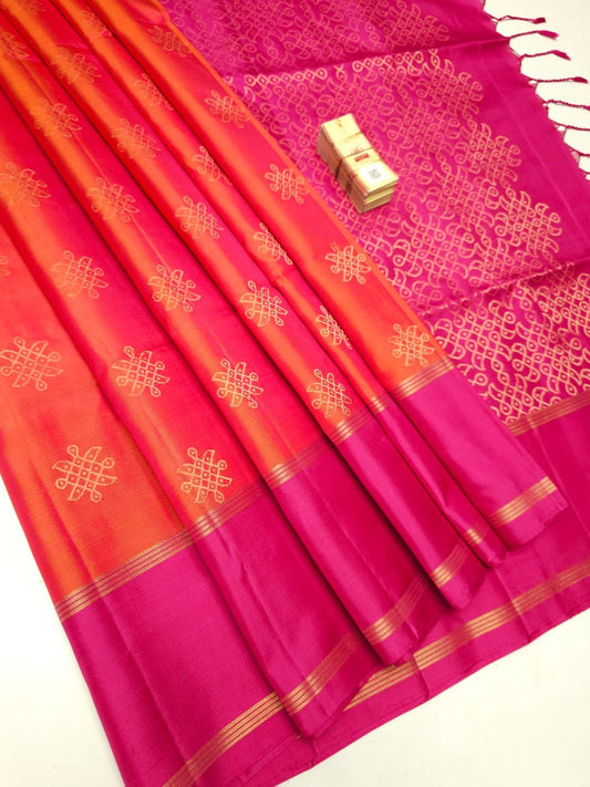 Handloom Pure Soft Silk Saree in Hot Pink And Orange Colours| Silk Mark Certified