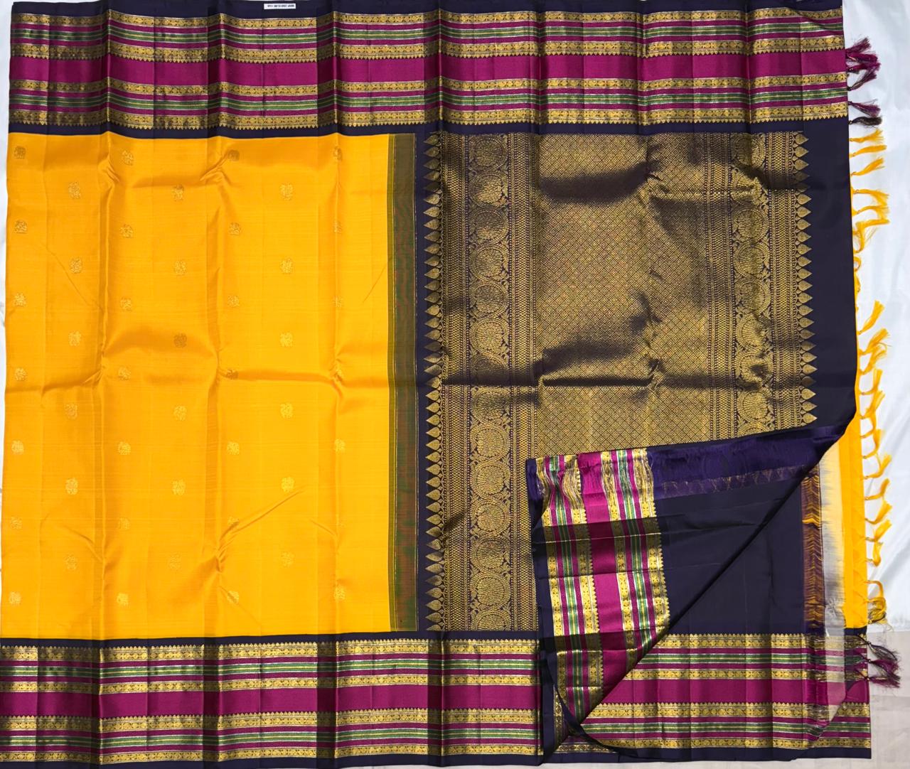 Mustard Yellow Kanchipuram Korvai  Silk Saree with Purple Zari Border – Handwoven & Silk Mark Certified