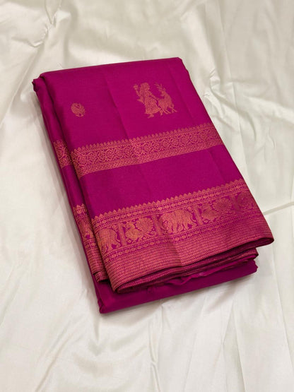 Pure Kanchipuram Silk Saree – Hot Pink with Gold Zari Elephant & Peacock Border