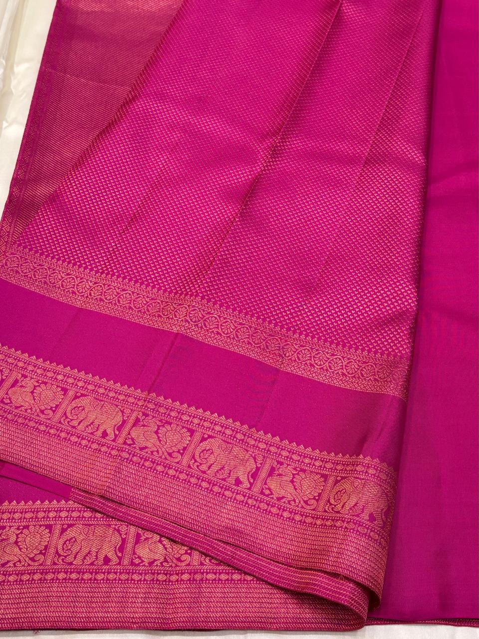 Pure Kanchipuram Silk Saree – Hot Pink with Gold Zari Elephant & Peacock Border