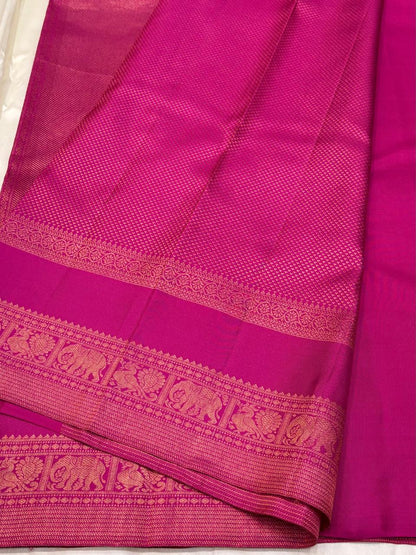 Pure Kanchipuram Silk Saree – Hot Pink with Gold Zari Elephant & Peacock Border