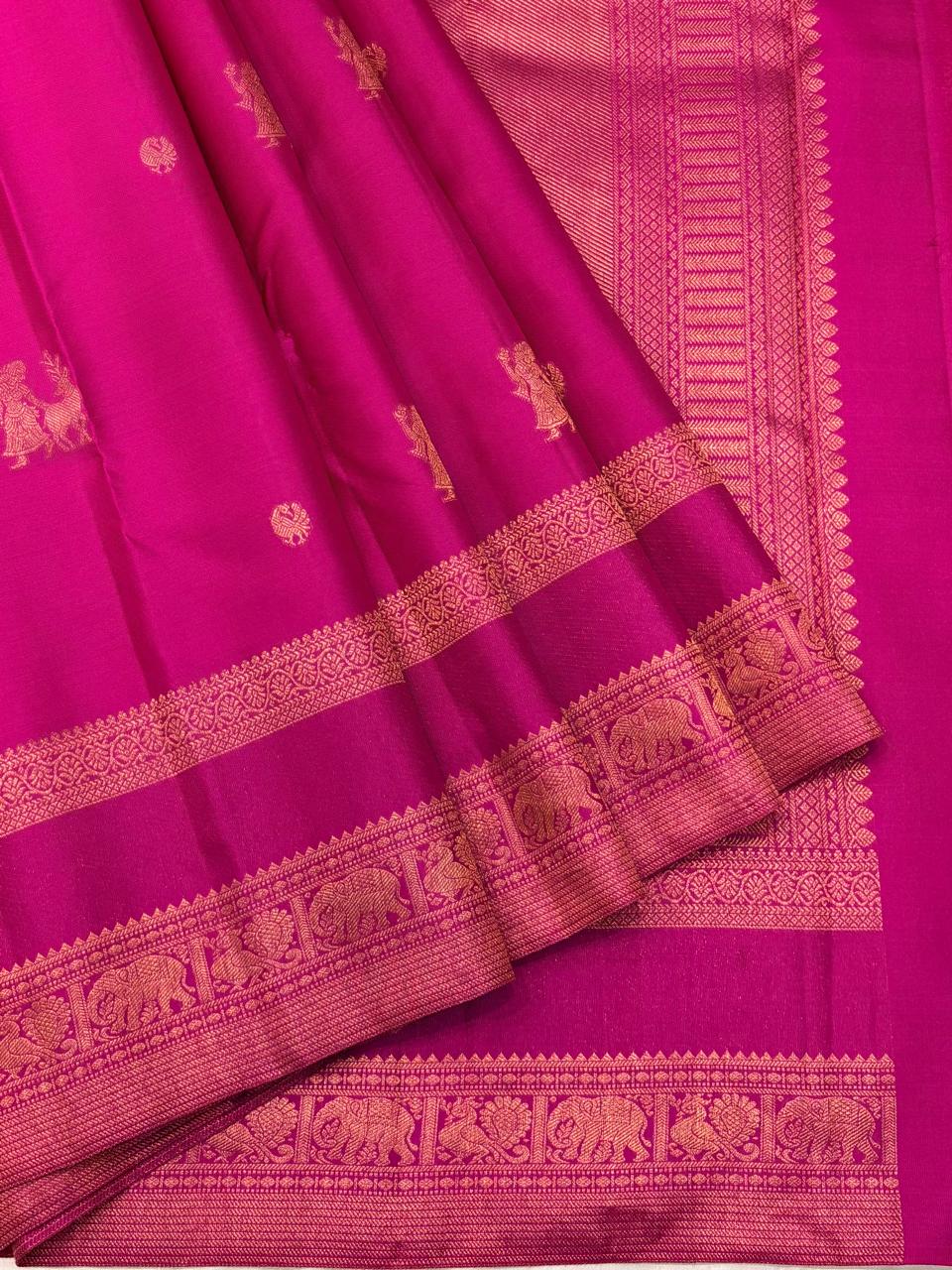 Pure Kanchipuram Silk Saree – Hot Pink with Gold Zari Elephant & Peacock Border