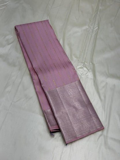 Kanchipuram Soft Silk Saree – Baby Pink with Violet Zari Pallu & Silver Border
