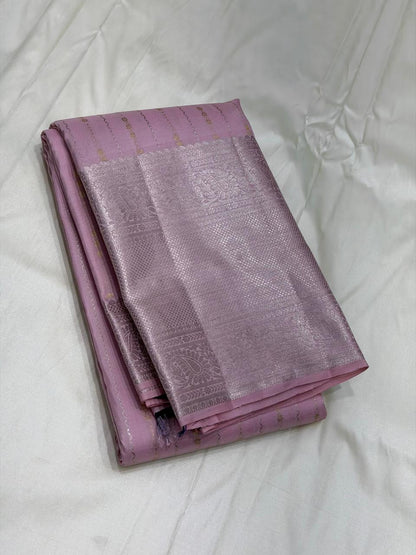 Kanchipuram Soft Silk Saree – Baby Pink with Violet Zari Pallu & Silver Border