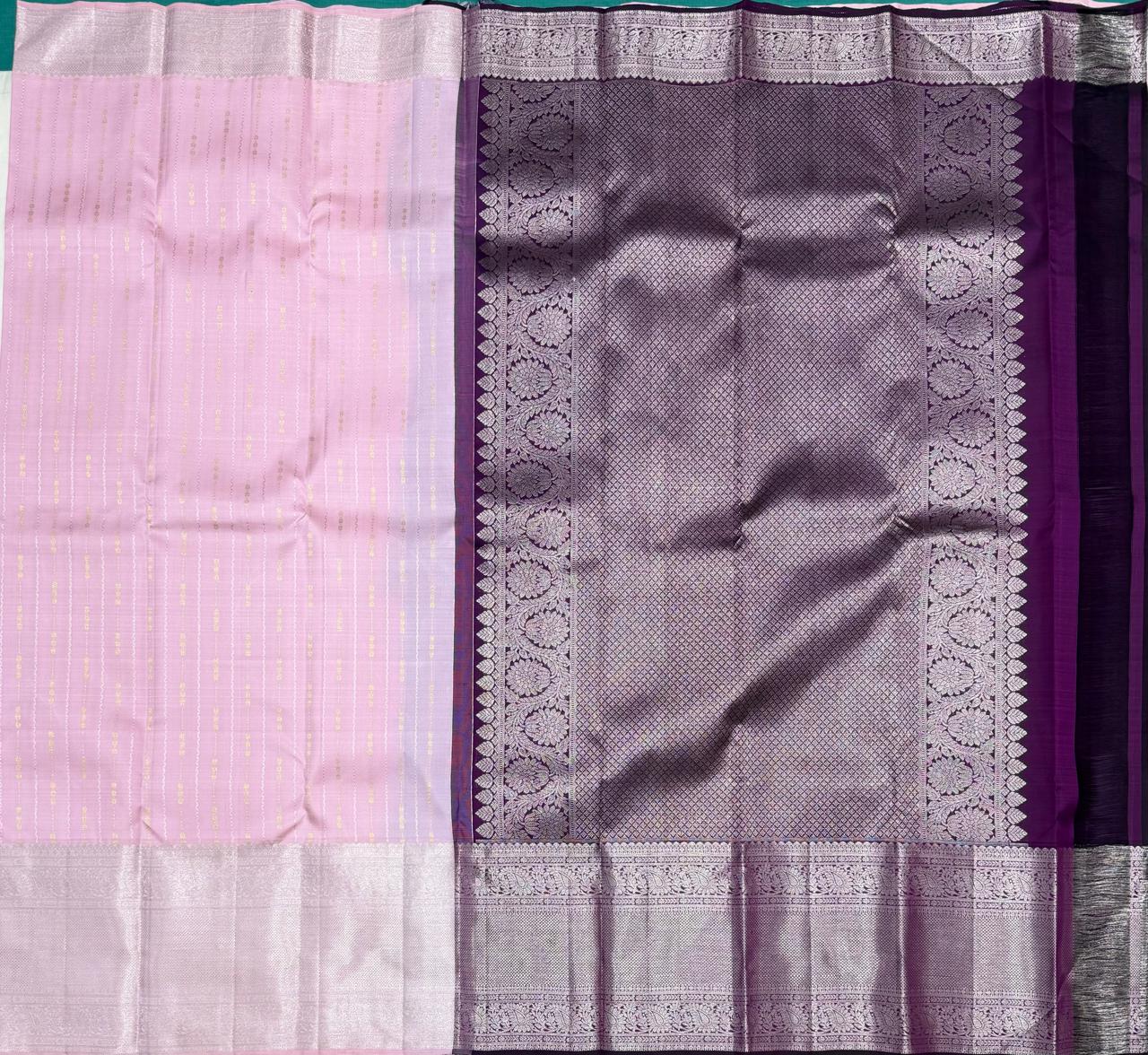 Kanchipuram Soft Silk Saree – Baby Pink with Violet Zari Pallu & Silver Border