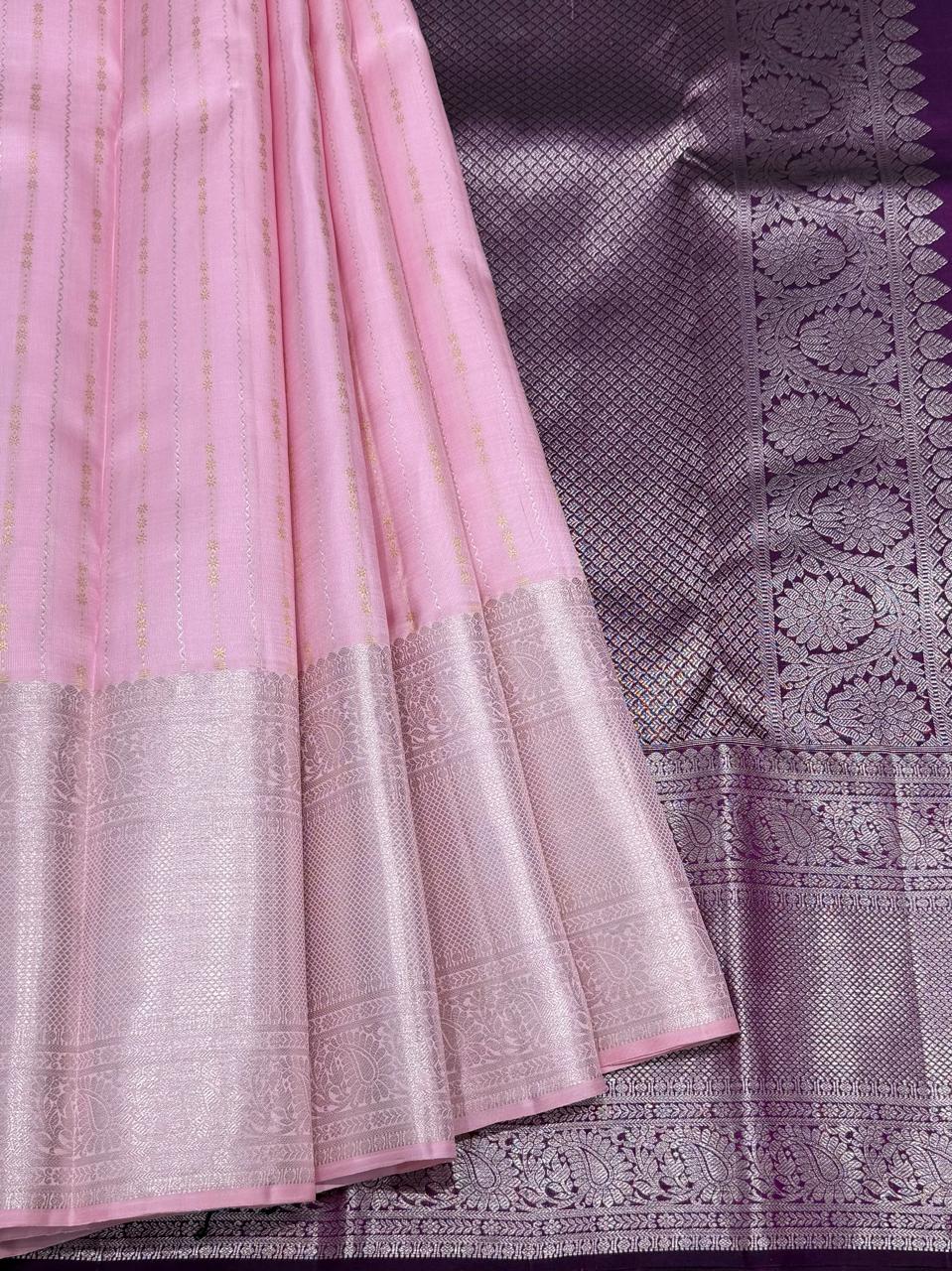 Kanchipuram Soft Silk Saree – Baby Pink with Violet Zari Pallu & Silver Border
