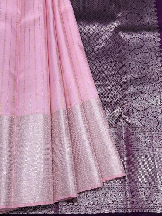 Kanchipuram Soft Silk Saree – Baby Pink with Violet Zari Pallu & Silver Border
